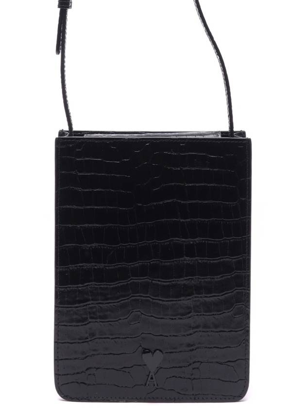 Logo Crocodile Leather Vertical Pouch Cross Bag Black - AMI - BALAAN 3