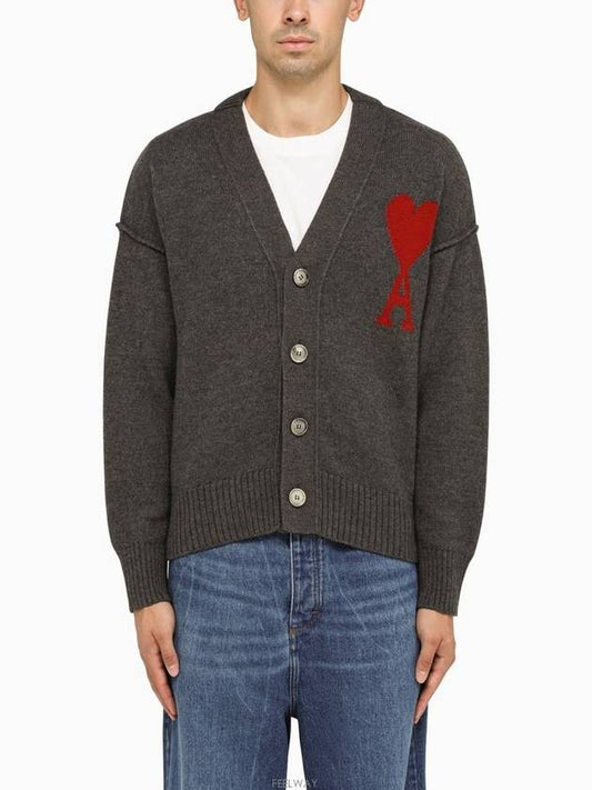 Heart Logo V Neck Wool Cardigan Heather Grey - AMI - BALAAN 2