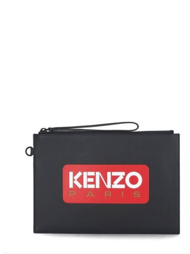 Paris Logo Large Leather Clutch Bag Black - KENZO - BALAAN 2