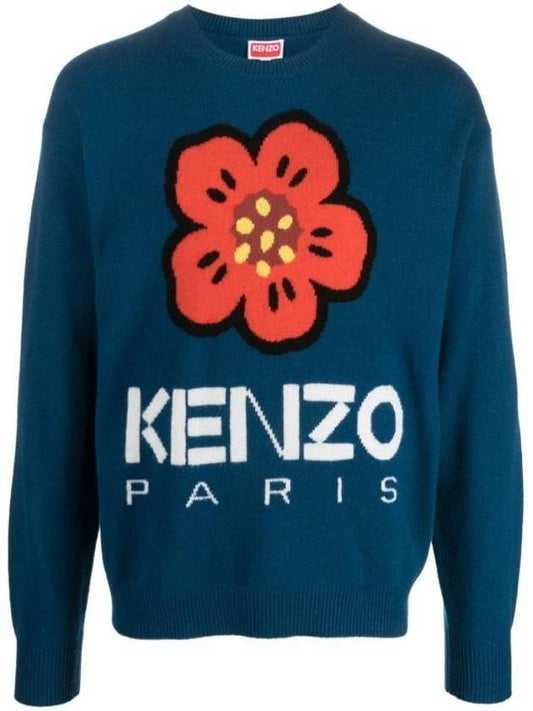 Boke Flower Merino Wool Knit Top Blue - KENZO - BALAAN 1