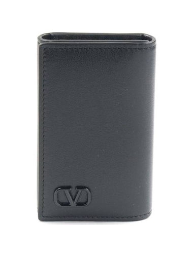 V Logo Leather Key Holder Black - VALENTINO - BALAAN 1