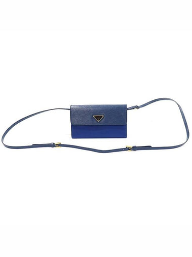 1MT437 Blue Tesuto Vitello Move Gold Triangle Long Wallet Cross Bag - PRADA - BALAAN 1