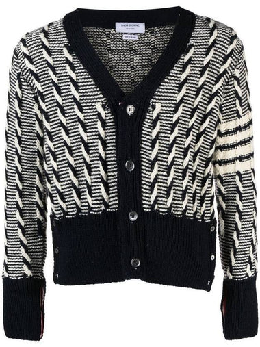 4-bar V-neck Twist Cable Knit Cardigan Navy - THOM BROWNE - BALAAN 1