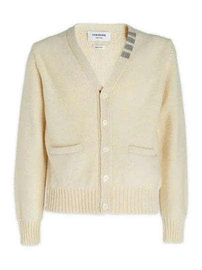 Reverse Jersey Stitch Donegal 4 Bar V Neck Cardigan White - THOM BROWNE - BALAAN 2