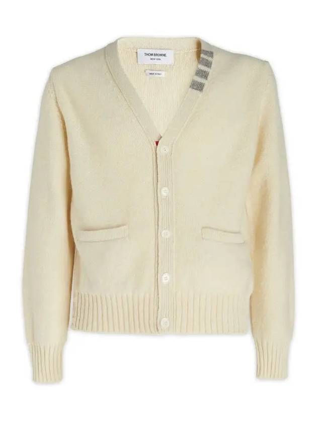 Reverse Jersey Stitch Donegal 4 Bar V Neck Cardigan White - THOM BROWNE - BALAAN 3