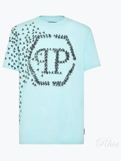 Skull Bones Logo Print Cotton Short Sleeve T-Shirt Blue - PHILIPP PLEIN - BALAAN 2