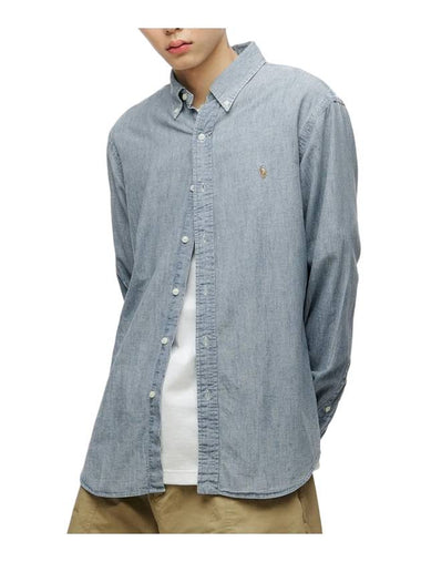 Custom Fit Chambray Long Sleeves Shirt Blue - POLO RALPH LAUREN - BALAAN 1