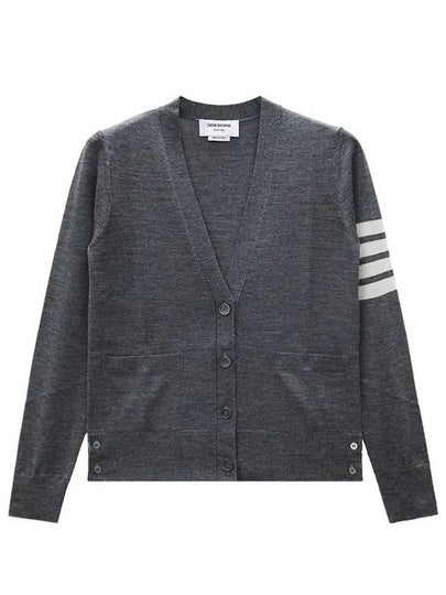 Sustainable Fine Merino Wool 4-Bar Relaxed Fit V-Neck Cardigan Medium Grey - THOM BROWNE - BALAAN 2