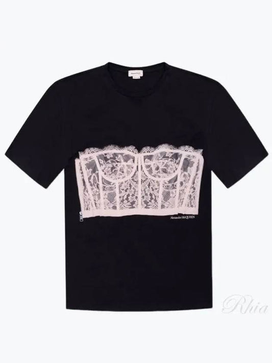 Lace Corset Print Short Sleeves T-Shirt Black - ALEXANDER MCQUEEN - BALAAN 2