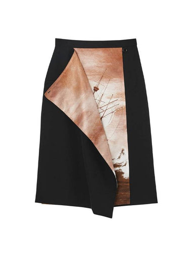 Women's Ship Print Silk Panel Wool Pencil H-Line Skirt Black - BURBERRY - BALAAN 1