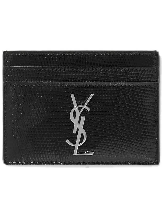 Monogram Lizard Effect Glossy Leather Card Holder Black Silver - SAINT LAURENT - BALAAN 2