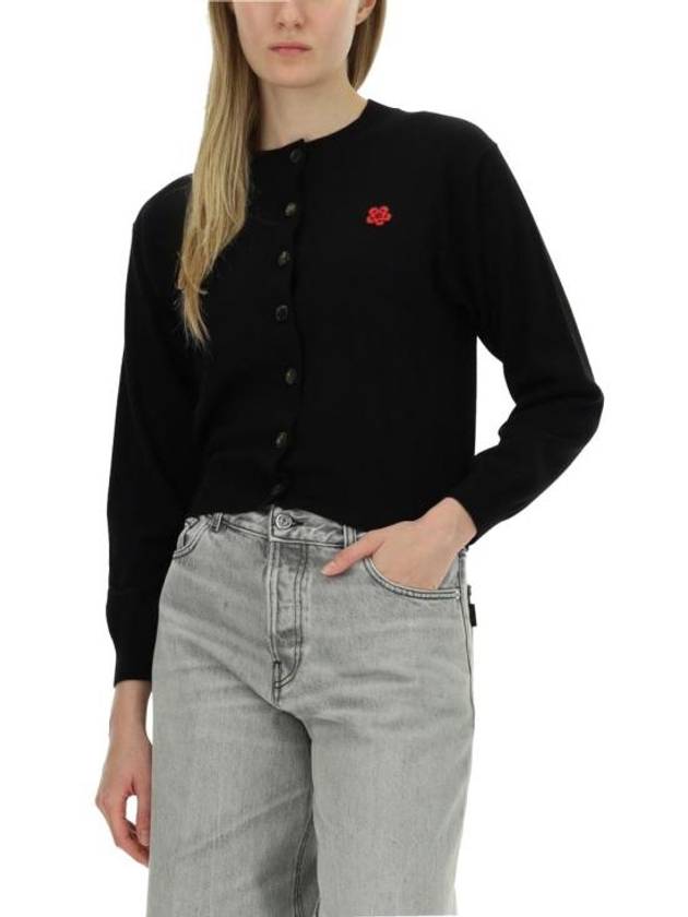 Boke Flower Embroidery Crew Neck Wool Cardigan Black - KENZO - BALAAN 5