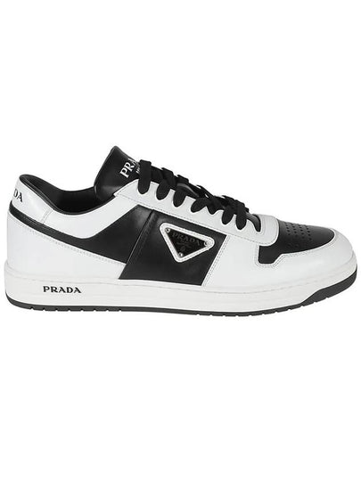 Men's Downtown Triangle Logo Leather Low Top Sneakers Black White - PRADA - BALAAN 2