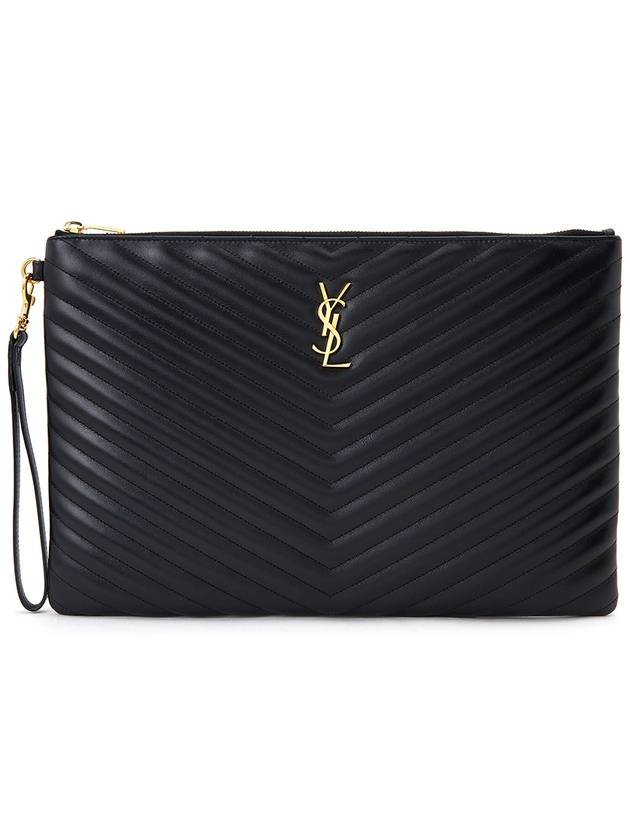 Gold Monogram Document Holder In Matelasse Leather Black - SAINT LAURENT - BALAAN 2