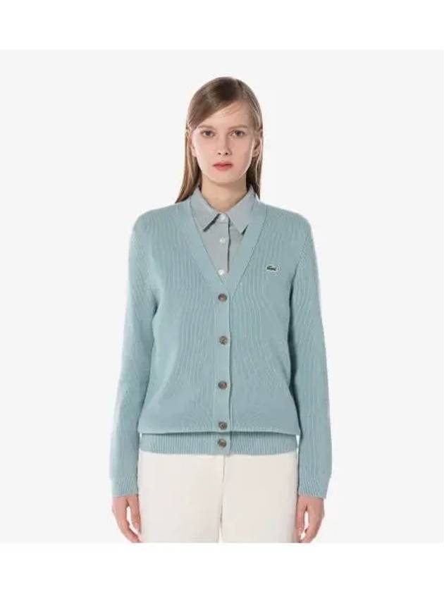 Women s Wool V neck Cardigan T rkiye Blue - LACOSTE - BALAAN 1