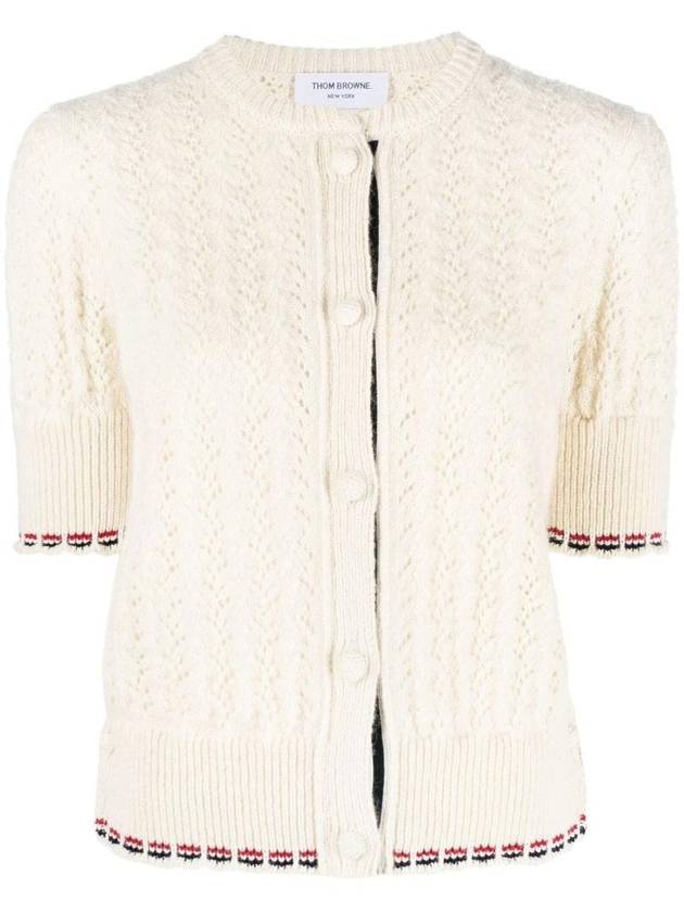 Cable Pointelle Striped Donegal Wool Short Sleeve Cardigan Cardigan White - THOM BROWNE - BALAAN 1