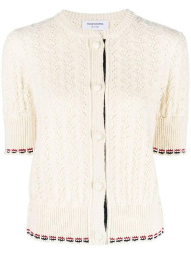 Cable Pointelle Striped Donegal Wool Short Sleeve Cardigan Cardigan White - THOM BROWNE - BALAAN 1