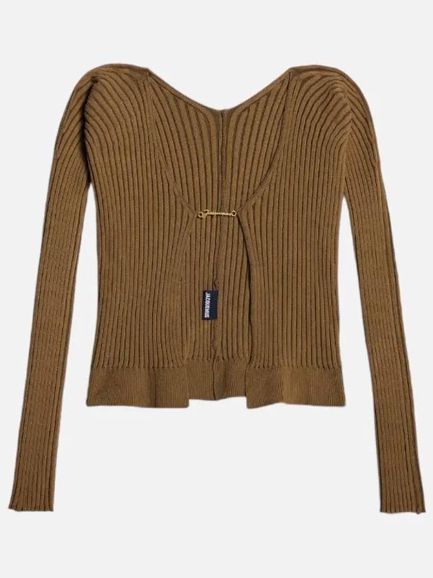 La Maille Pralu Longue Micro Charm Logo Cardigan Brown - JACQUEMUS - BALAAN 3