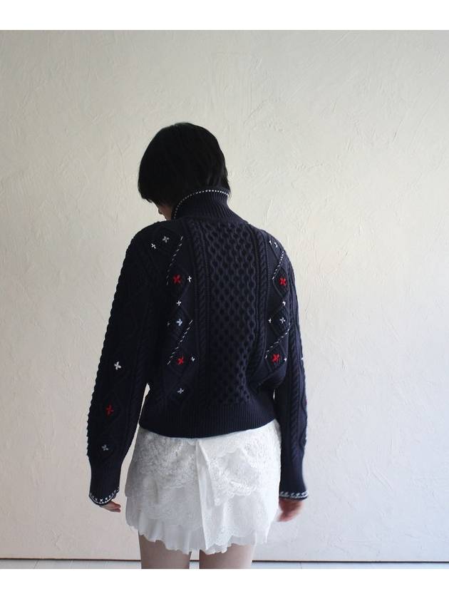 Alps Knit Zip up Cardigan Flower Stitched by Hand NAVY Women s Embroidery - RUBATI - BALAAN 6