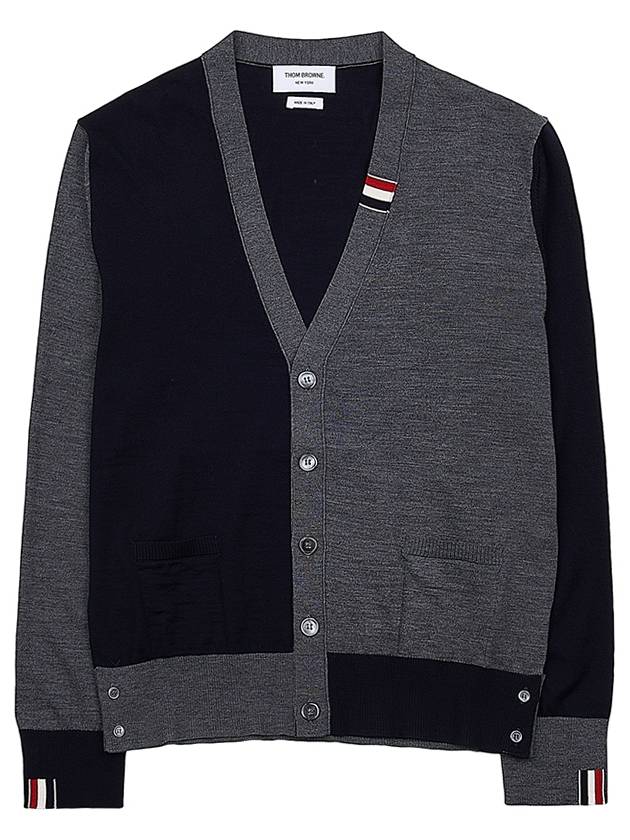 Fun Mix Fine Merino Jersey Stripe Relaxed V-Neck Cardigan Navy Grey - THOM BROWNE - BALAAN 2