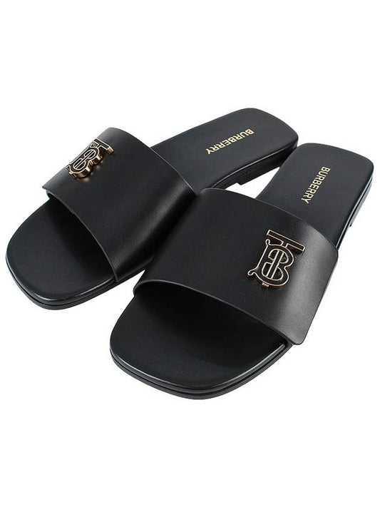 Monogram Motif Leather Slide Slippers Black - BURBERRY - BALAAN 2