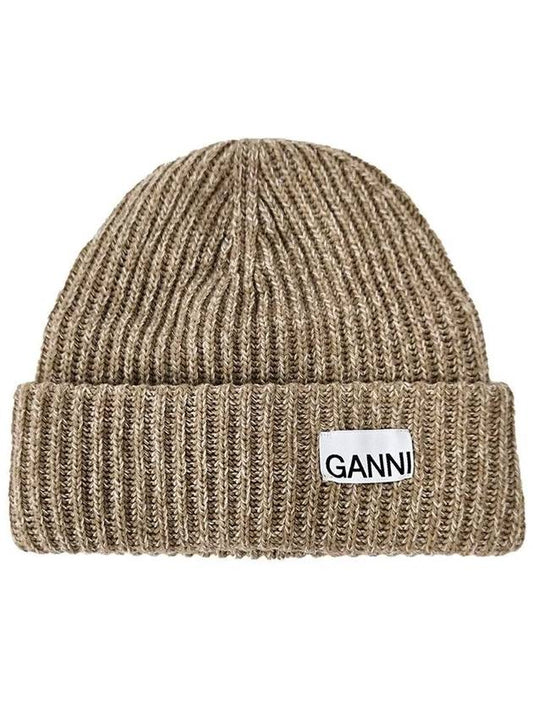 Logo Label Wool Beanie Hat Beige A4574 554 - GANNI - BALAAN 1