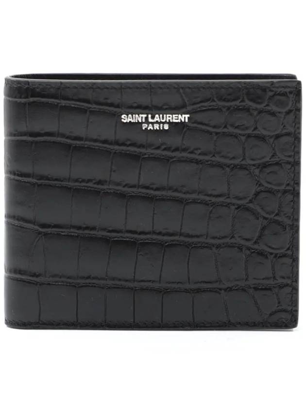 Crocodile Embossed Leather Half Wallet Black - SAINT LAURENT - BALAAN 2