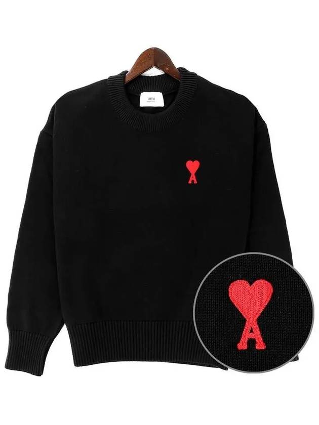 Small Heart Crewneck Cotton Wool Blend Knit Top Black - AMI - BALAAN 2