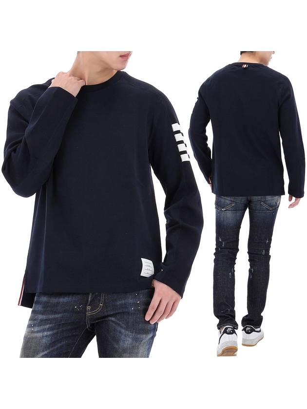 4-Bar Striped Cotton Long Sleeve T-Shirt Navy - THOM BROWNE - BALAAN 2