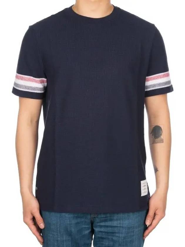 Textured Cotton Stripe Short Sleeve T-Shirt Navy - THOM BROWNE - BALAAN 3