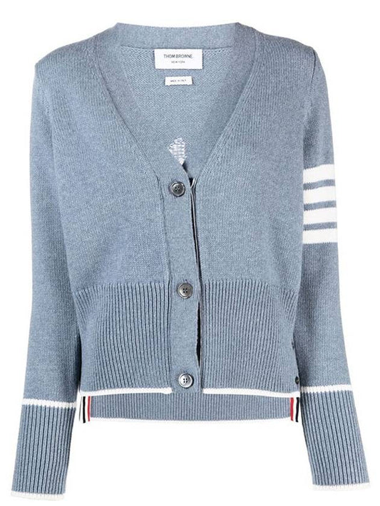 Women's Fine Merino Jersey Sailboat 4 Bar Boxy V Neck Cardigan Dark Blue - THOM BROWNE - BALAAN