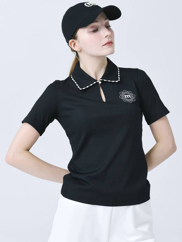 Lace Collar Decoration Functional Span Rib Keyhole Neck Black Short Sleeve T-Shirt DO3232TS18 - DOYOUKNOWMC GOLF WEAR - BALAAN 1