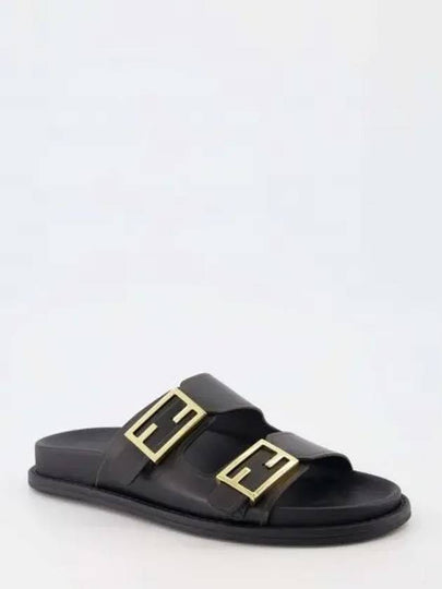 Women's FF Leather Fill Flat Sandals Slippers Black - FENDI - BALAAN 2