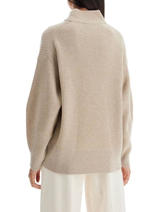 Oversized Beige Ribbed Sweater In Cashmere, Wool And Lurex Woman - BRUNELLO CUCINELLI - BALAAN 5