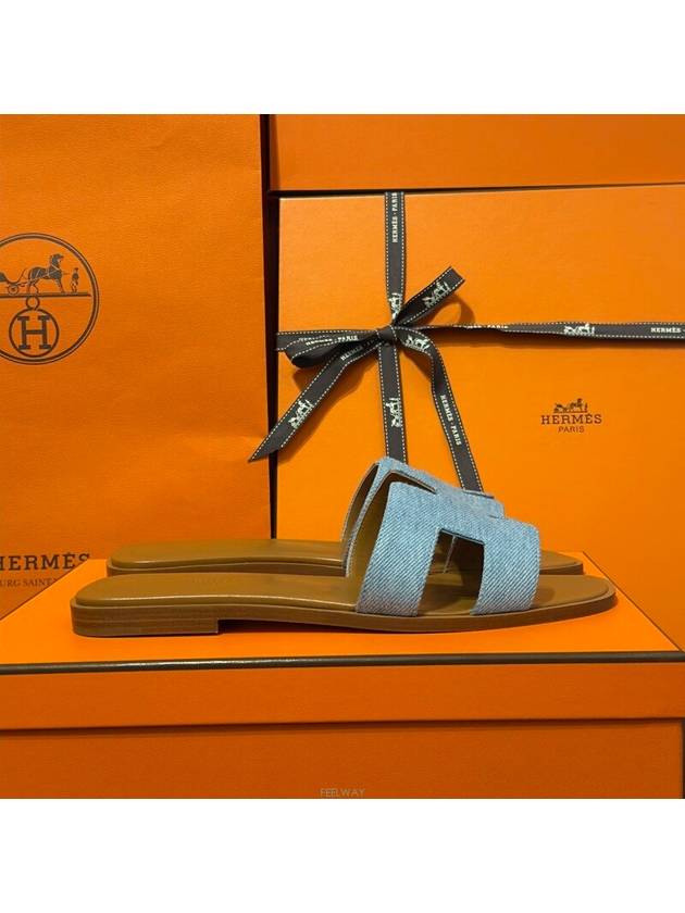 Women's Oran Sandals Calfskin Denim Brown Twotone - HERMES - BALAAN 3