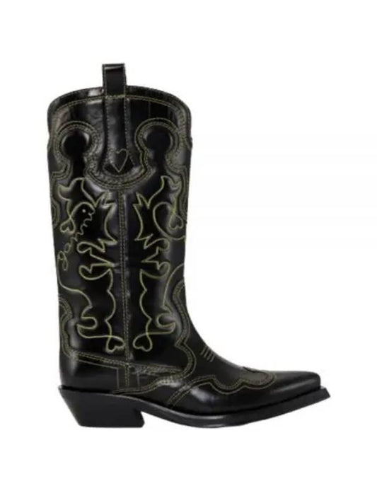 Embroidered Western Leather Middle Boots Black - GANNI - BALAAN 2