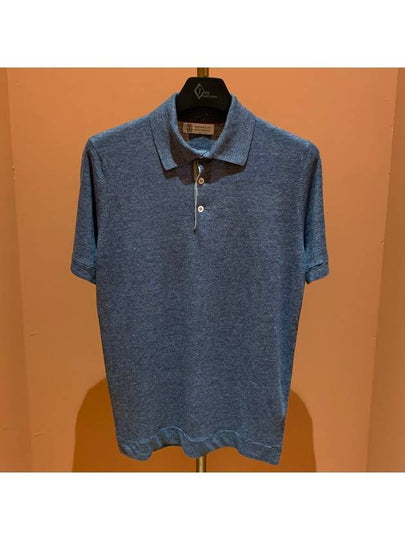 Ribbed Collar Slub Texture Polo Shirt Blue - BRUNELLO CUCINELLI - BALAAN 2