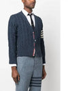 Donegal Twist Cable 4 Bar Classic V Neck Cardigan Blue - THOM BROWNE - BALAAN 3