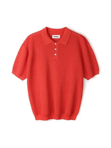 Crochet Button Collar Half Knit Top Red Orange - INDUST - BALAAN 1