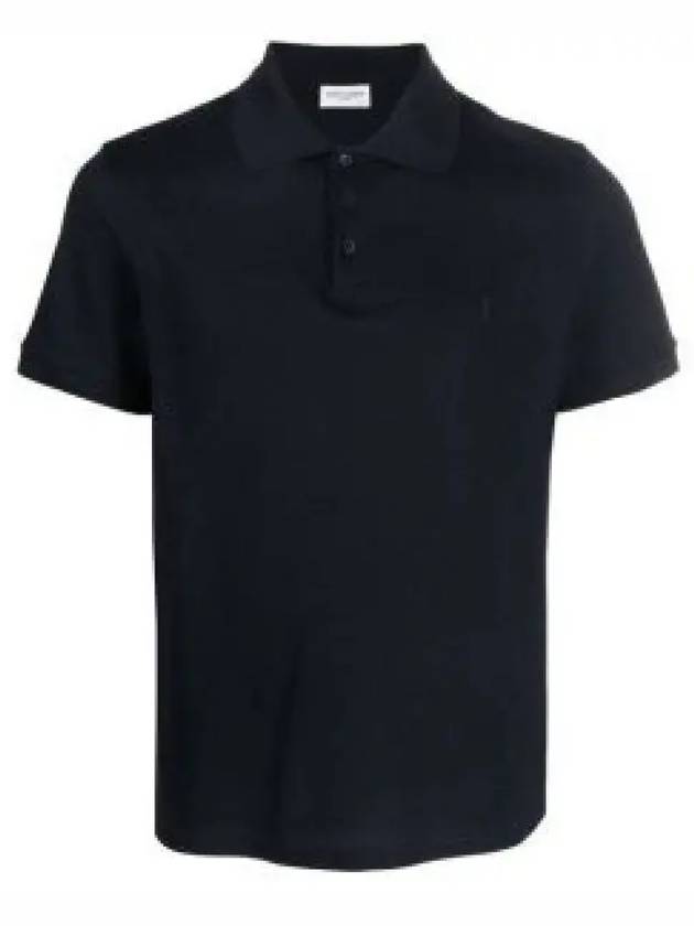 Men's Monogram Cotton Short Sleeve Polo Shirt Navy - SAINT LAURENT - BALAAN 2