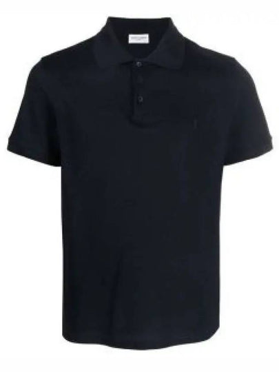 Men's Monogram Cotton Short Sleeve Polo Shirt Navy - SAINT LAURENT - BALAAN 2