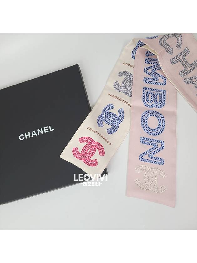 Cambon CC Logo COCO Silk Twilly Bandeau Petite Scarf Cream Pink AA9674 - CHANEL - BALAAN 2