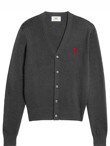 Heart Logo Merino Wool Cardigan Heather Grey - AMI - BALAAN 1