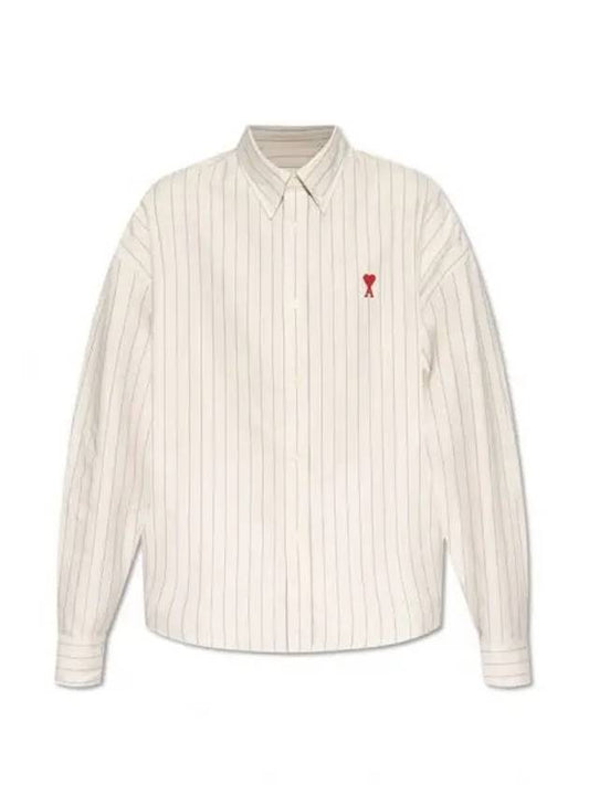 Small Heart Logo Stripe Boxy Fit Long Sleeve Shirt Chalk - AMI - BALAAN 2