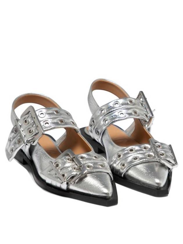 Double Buckle Metallic Effect Ballerinas Silver - GANNI - BALAAN 4