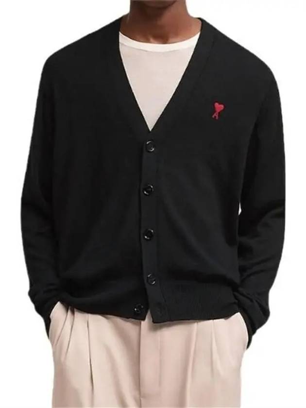 Red Heart Logo Merino Wool Cardigan Black - AMI - BALAAN 4