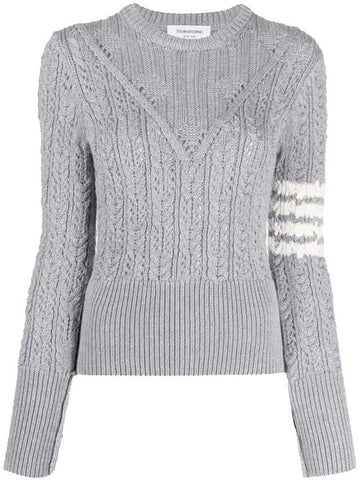 Women's 4 Bar Irish Pointelle Cable Merino Wool Knit Top Grey - THOM BROWNE - BALAAN 1