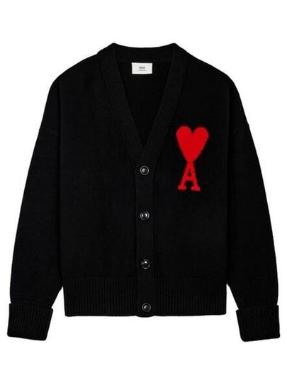 Intarsia Big Heart Logo Oversized Virgin Wool Cardigan Black - AMI - BALAAN 2