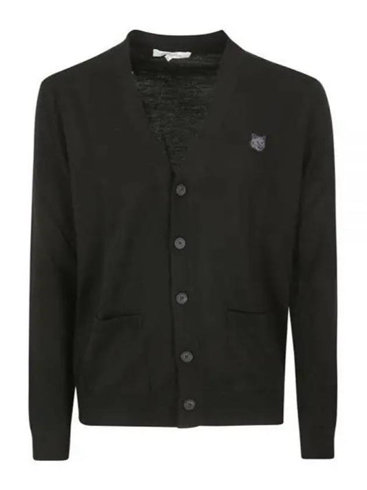 Bold Fox Head Patch V Neck Wool Cardigan Black - MAISON KITSUNE - BALAAN 2