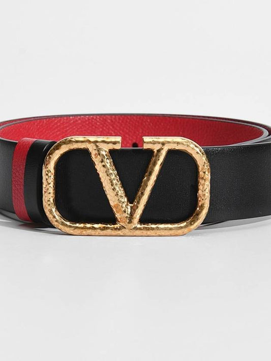 Gold V Logo Reversible Leather Belt Black Red - VALENTINO - BALAAN 2